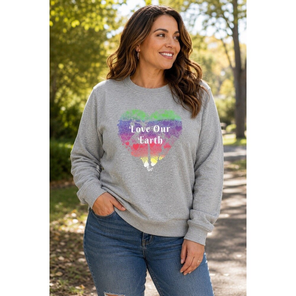 EcoThreads Love Our Earth Gray Rainbow Heart Sweatshirt XL Eco Graphic Pullover